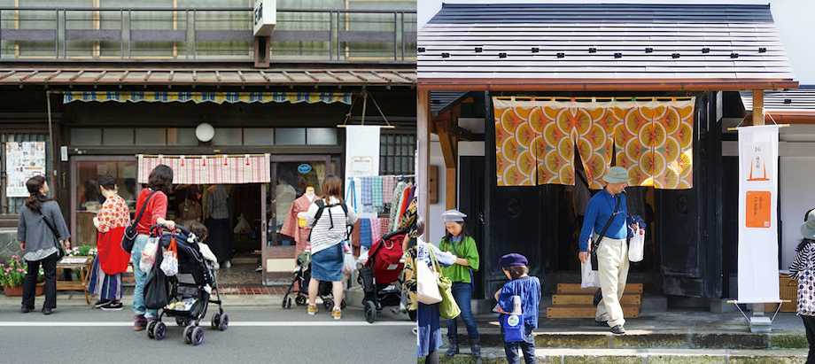 結い市や結いのおとを通して知り合った作家さんによって制作されたアート暖簾が、結城市内にある趣きのある建物中に飾られています。