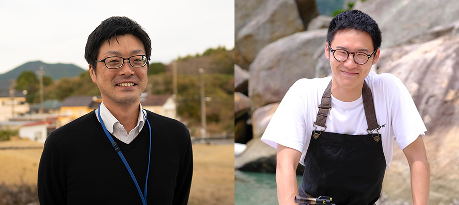 写真右から>原さん(大月町役場職員):高知県大月町出身。1年ほど前に大月町へUターンで戻り、大月町役場職員として活動中。前回の大月町オンラインマルシェでは、食レポが上手いと話題に。今回も評判の食レポでるか?!/ ツナボーイ(大月町地域おこし協力隊):都内にある「ザ・リッツ・カールトン東京」でフレンチシェフとして4年間働いたのち、自分の人生を見つめ直し、“自然で感じる心地良さ” を周りの人々に伝えたいと大月町へ移住。現在は地域おこし協力隊として活動する傍ら、お料理YouTuberとしても活躍されているという、異色の経歴の持ち主。