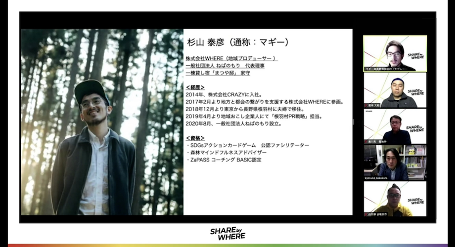 写真右上> 杉山 泰彦(Sugiyama Yasuhiko)氏 株式会社WHERE根羽村支社、一般社団法人ねばのもり代表理事 / 株主会社WHEREにて、地域PR・移住定住サポート事業で20地域の案件を担当。現在は地域おこし企業人の制度を使い、長野県根羽村でPR担当を担い関係人口の創出を手掛ける。2020年8月に一般社団法人ねばのもりを設立し、森林や山村をフィールドに学びの事業を提供している。
