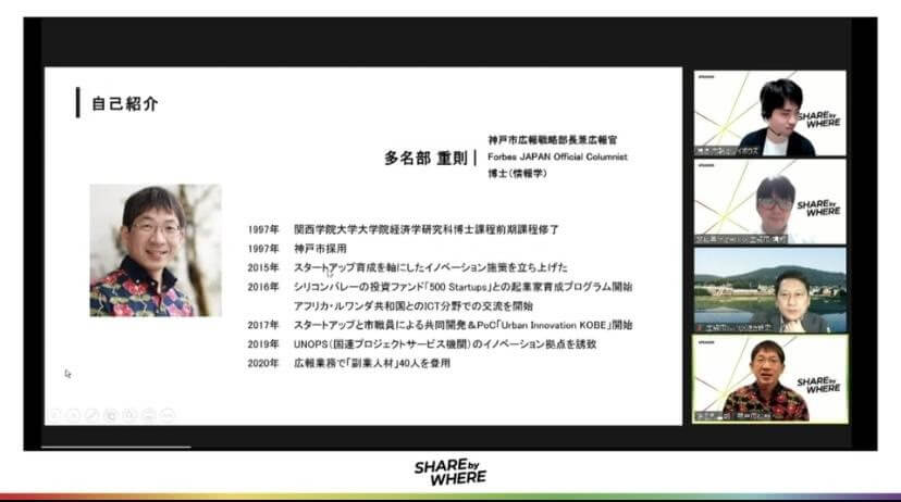 写真右下＞ 多名部 重則（Shigenori Tanabe） 神戸市広報戦略部長兼広報官 / 1997年神戸市採用。 2015年にスタートアップ育成を軸にしたイノベーション施策を立ち上げる。米国シリコンバレーの世界的に著名なシード投資ファンド「500 Startups」をパートナーに迎えたスタートアップ育成プログラムの開催、国内初のスタートアップと行政が共同開発を進めるプロジェクト「Urban Innovation JAPAN」、さらにUNOPS（国連プロジェクトサービス機関）のアジア初イノベーション拠点の神戸誘致をリードした。2016年からアフリカ・ルワンダ共和国とのICT分野を中心とした連携・交流事業も企画・推進している。