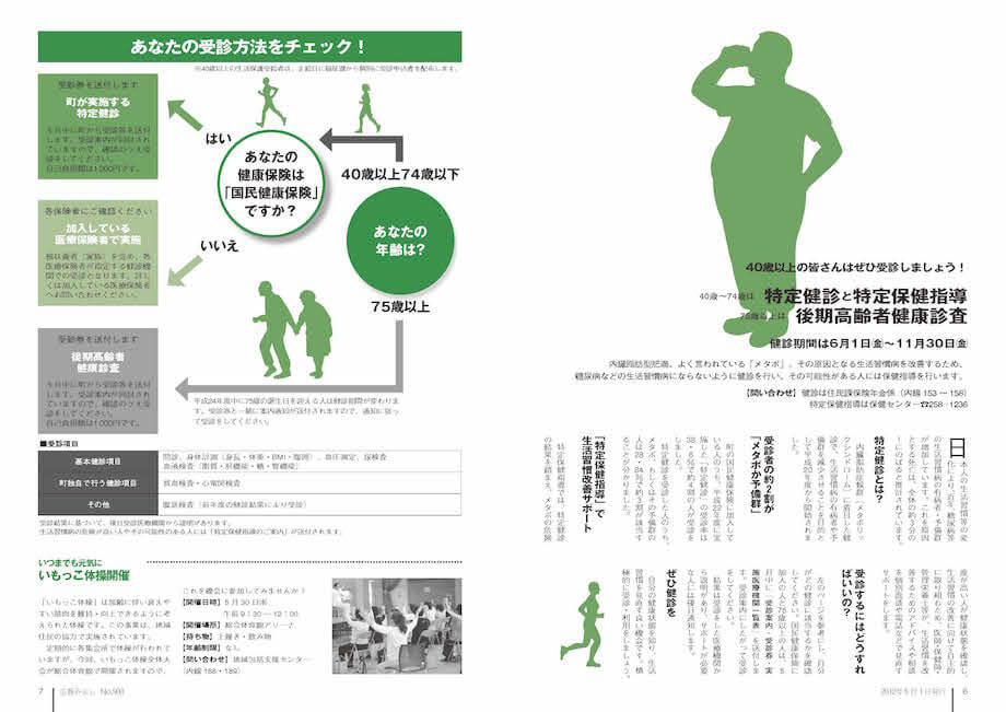「これが広報誌を担当するようになってから、1年間し続けて努力した僕が手がけたメタボ予防のページ」（佐久間氏）