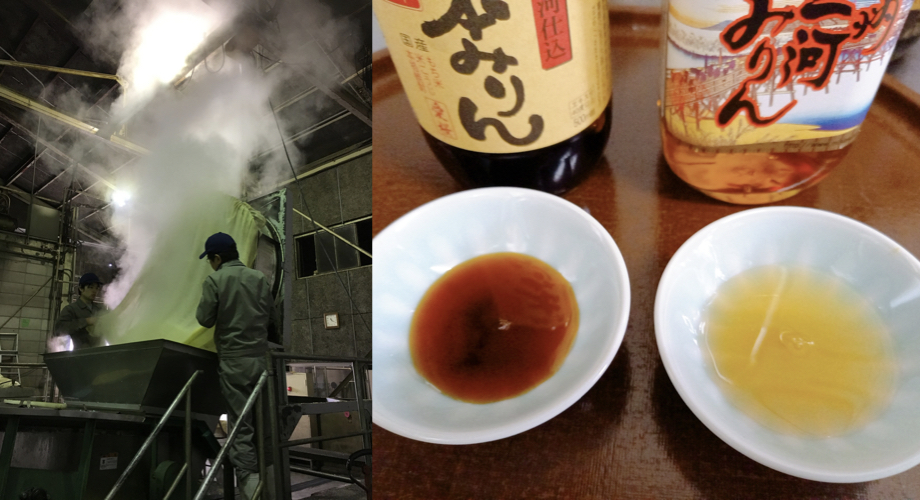 主に碧南市で造られている「三河みりん」。同じ純米本みりんでも、「角谷文治郎商店」の三州三河みりんと、「杉浦味淋」の3年熟成みりん、色の違いが面白い。