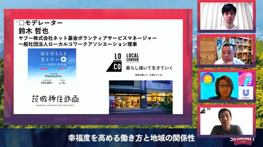 写真右下＞鈴木 哲也（Tetsuya Suzuki）氏 ヤフー株式会社、LOCOAssociation理事 / ヤフーショッピング/ヤフオクなどEC事業を経て、復興支援事業で宮城県石巻市に常駐し「ツール・ド・東北」や「復興デパートメント」を実施。その後茨城県移住定住アドバイザー着任、2019年よりネット募金・ボランティアサービスマネージャー着任。2017年茨城移住計画立上げ。2018年地方のコワーキング開業支援をするLOCOAssociation設立、理事就任。